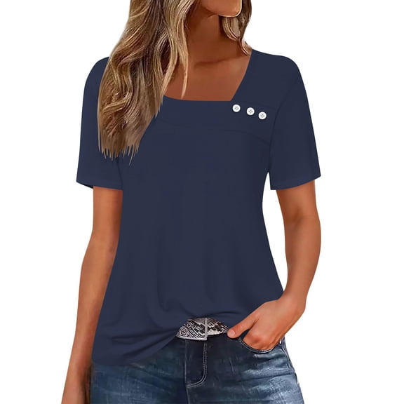 Khunlpohl Womens Square Neck Tops Short Sleeve Tunic Blouses Spring Summer Fashion Plain Dressy Shirts