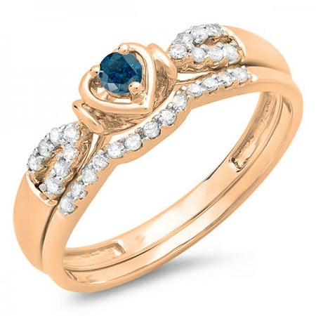 0.25 Carat (ctw) 18k Rose Gold Round Blue & White Diamond Ladies Heart Shaped Bridal Engagement Ring Matching Band Set 1