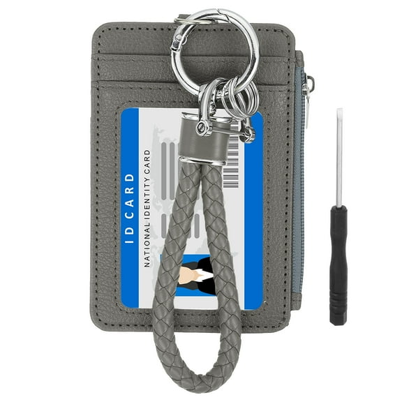 4.7 x 3.2 x 0.2" Slim PU Leather Card Holder Wallet,  1 Set Small Front Pocket Credit Card Case Zipper Coin Wallets with ID Window & Braided Keychain for Women Men, Gray