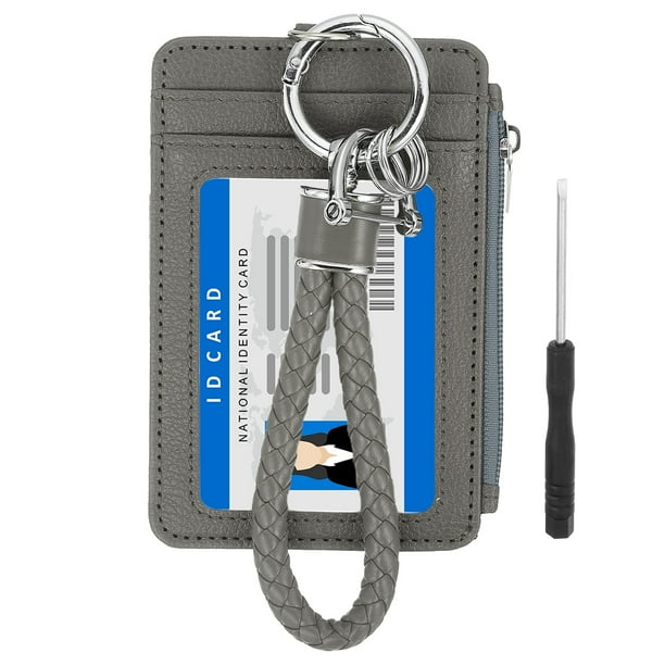 Billetera delgada de cuero PU de 4.7 x 3.2 x 0.2", 1 juego de estuche para tarjetas de crédito pequeño con cremallera y ventana para ID con llavero trenzado para mujeres y hombres, gris