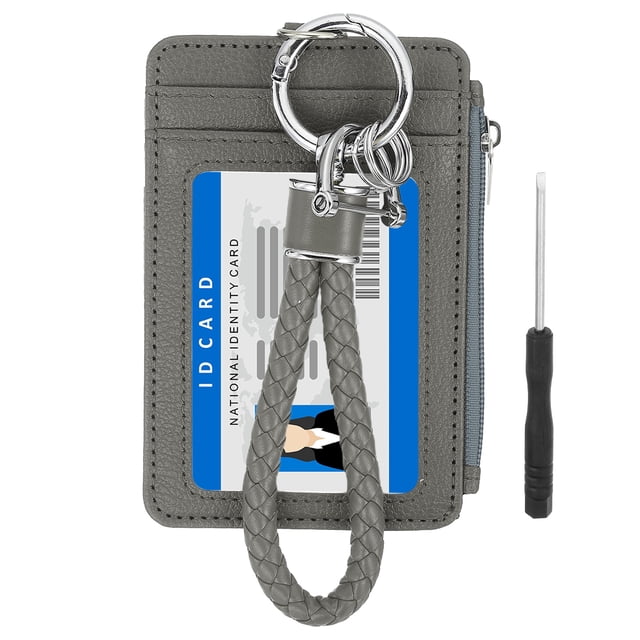 Billetera delgada de cuero PU de 4.7 x 3.2 x 0.2", 1 juego de estuche para tarjetas de crédito pequeño con cremallera y ventana para ID con llavero trenzado para mujeres y hombres, gris