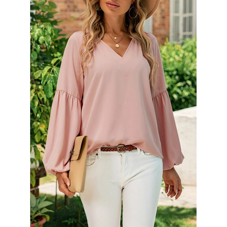 Astylish Women's V Neck Blouses Ladies Puff Long Sleeve Chiffon Blouse  Summer Casual Loose Solid Color Babydoll Top Work Office Elegant Shirts  Female Size S-2XL 