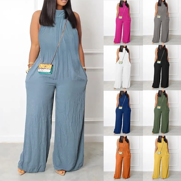 VerPetridure Women's Sleeveless Plus Size Turtleneck Jumpsuits for Women Summer Solid Casual Loose Rompers Wide Leg Long Pants with Pockets