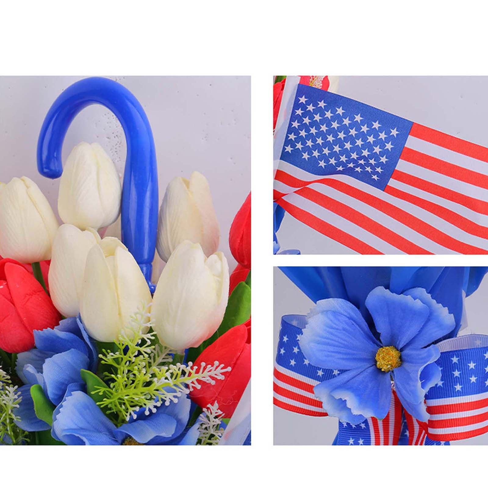 Qocolhg Patriotic Artificial Flower Bouquet for Front Door Decoration, Red, White Blue Tulip in Umbrella Wall Hanging Decor, Mixed Floral Arrangement for Memorial Day & 4th of July Table Centerpieces