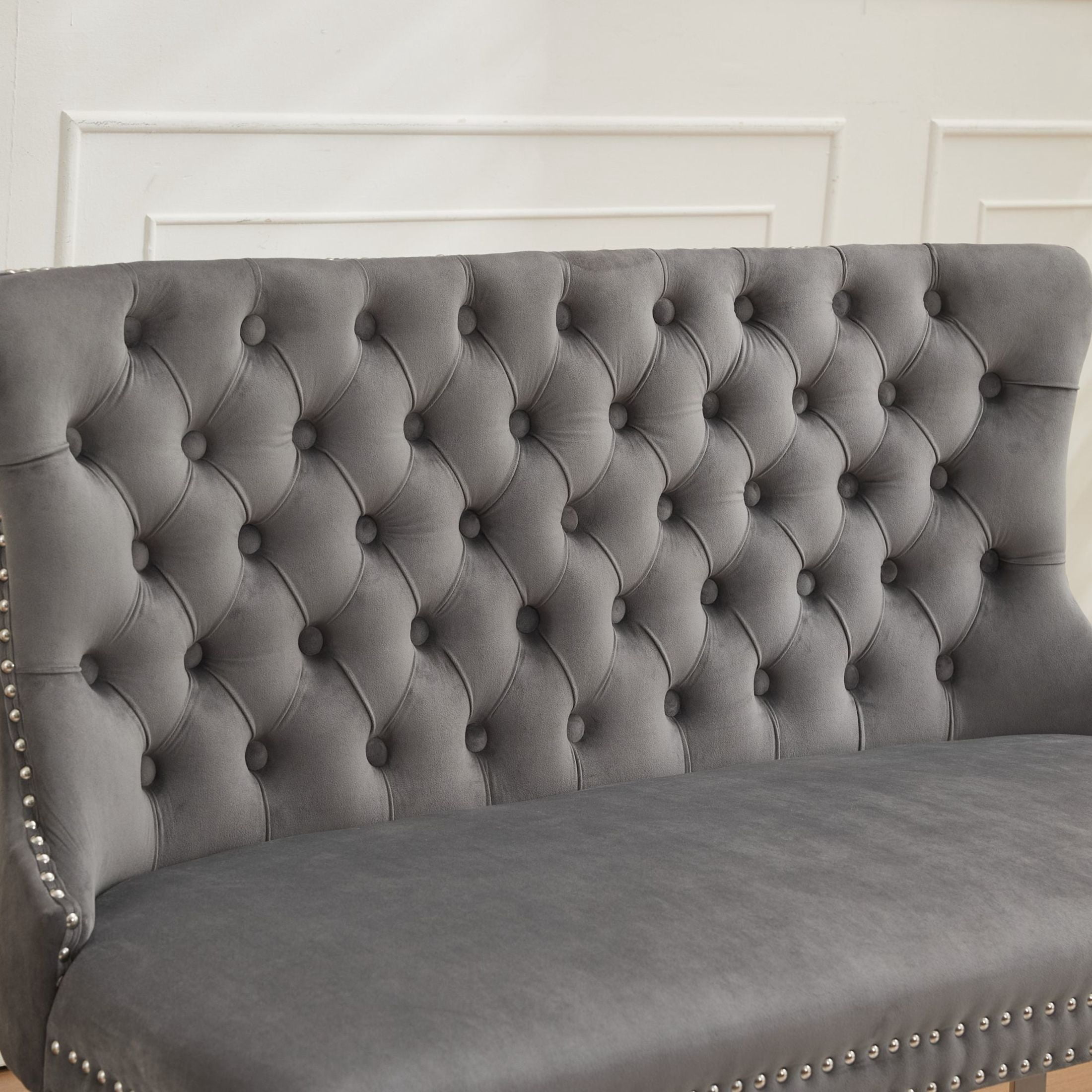 Noble House 2-Seat Velvet Dining Bench, Tufted Wingback Upholstery, Steel Legs, Gray + Silver