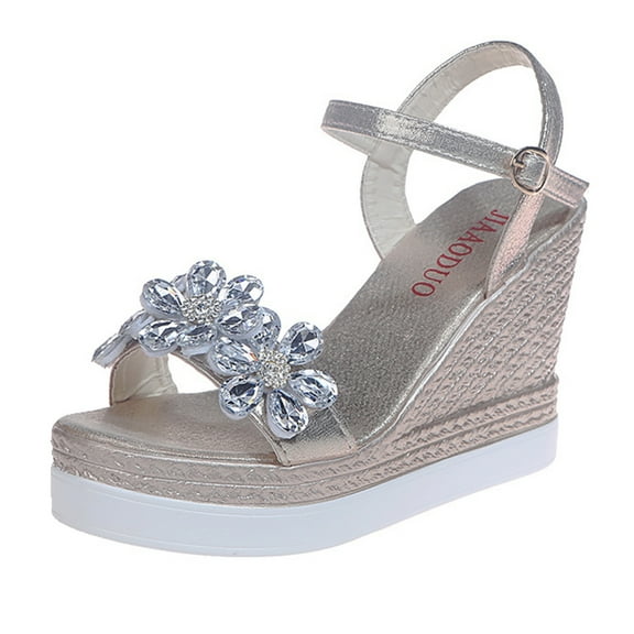 Anuirheih Women's Open Toe Casual Shoes Rhinestone Comfortable Wedge Sandals Shoes Sandals Women (Gold)