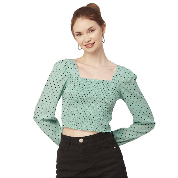 Moomaya Women'S Printed Square Neck Crop Top, Long Sleeves Smocked Summer Top