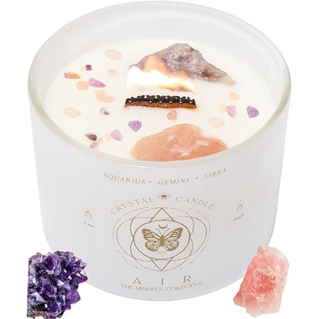 Aquarius Gemini Libra Gifts for Women - 12oz Wood Wick Candles that Crackle with Crystals and Healing Stones. Healing Crystal Candles for Women Home Scented. Soy Wax for Zodiac Birthdate