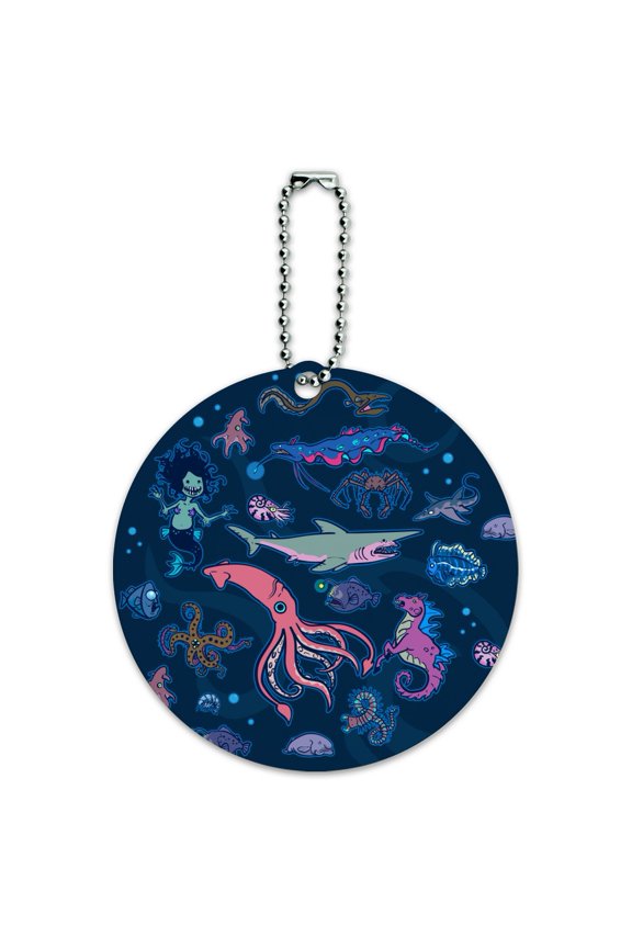 Creepy Deep Sea Creatures Pattern with Mermaid Squid and Shark Round Luggage ID Tag Card Suitcase Carry-On
