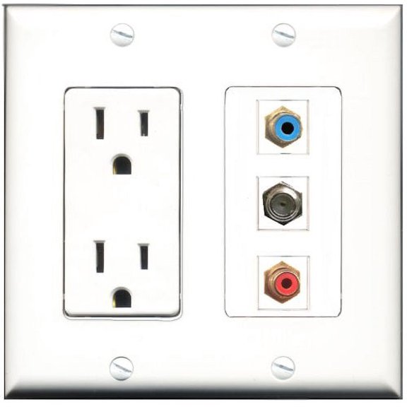RiteAV - 15 Amp Power Outlet 1 Port RCA Red 1 Port RCA Blue 1 Port Coax Decorative Wall Plate