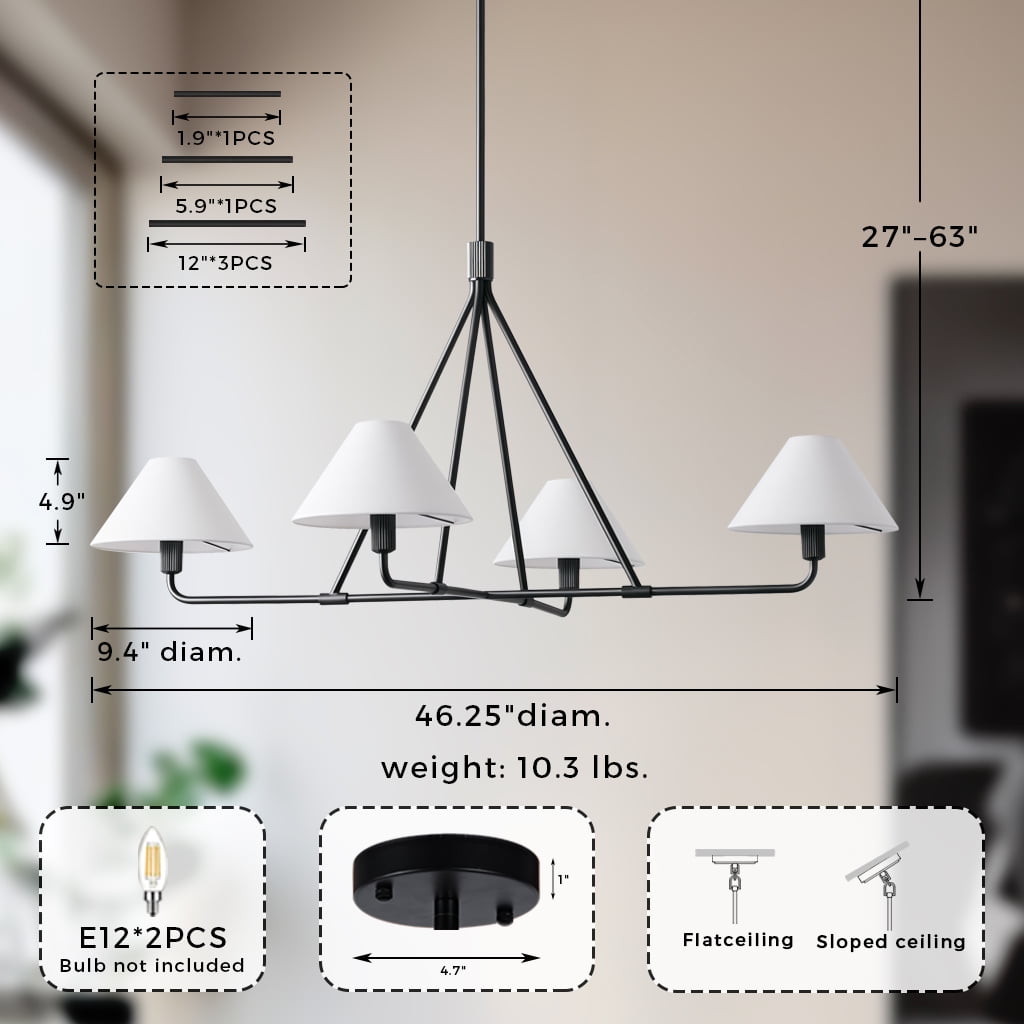 Mid-Century Matte Black  Linen Chandelier 37 Inch ,Conical Ceiling Light with Linen Shade, Natural 4-Light Ceiling Lamp, Organic Ceiling Mounted Light for Living Room, Dining Room