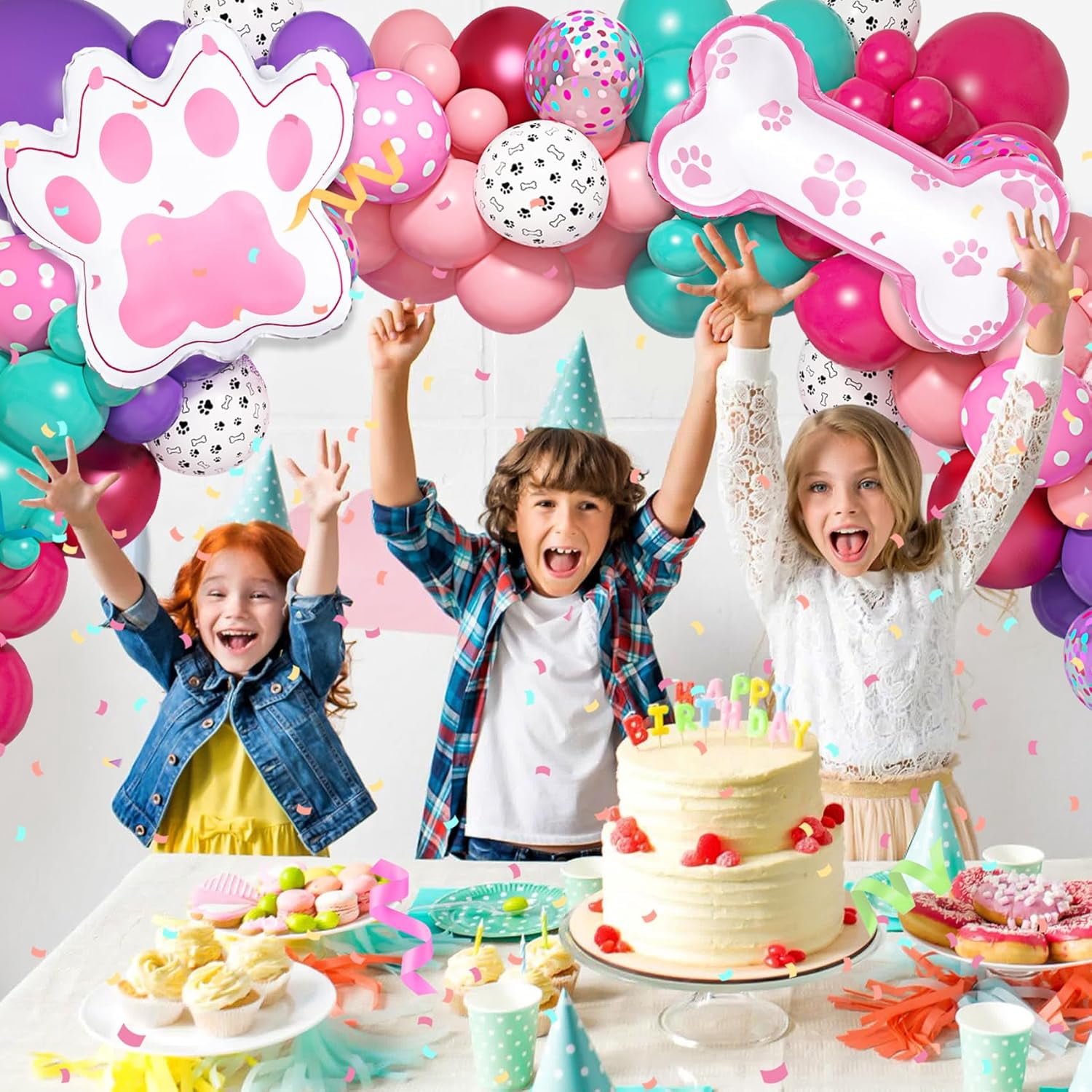 147-Piece Paw Balloon Garland Arch Kit - Dog Paw Print Balloons in Pink, Purple, Turquoise with Confetti - Puppy Theme Birthday Baby Shower Party Decorations