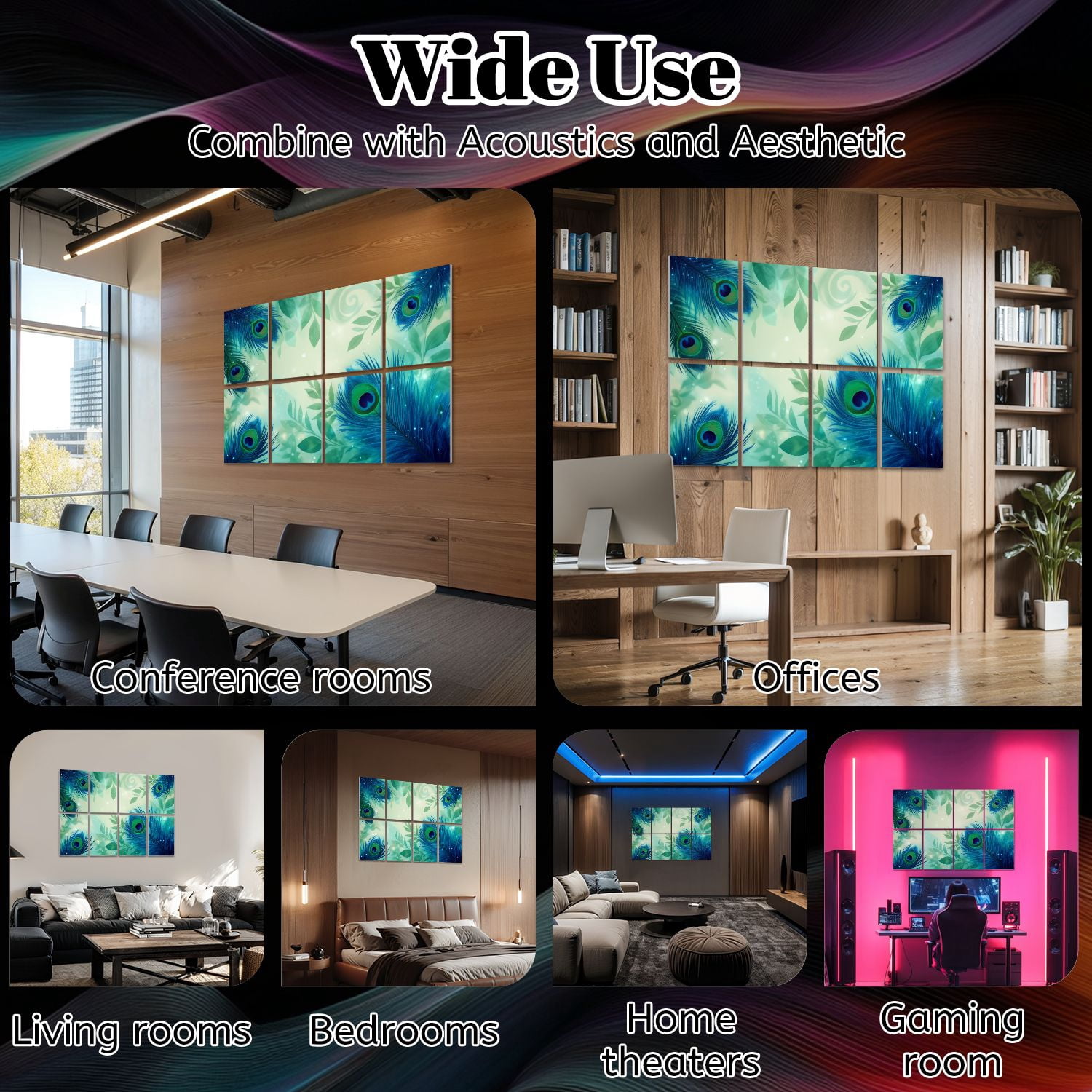 Vintage 8 Pack Art Acoustic Panels Sound Absorbing Elegant Peacock Feather Teal Blue Tones Decorative Soundproof Wall Panels Self Adhesive for Nursery Game Room Bedroom 48"x32"
