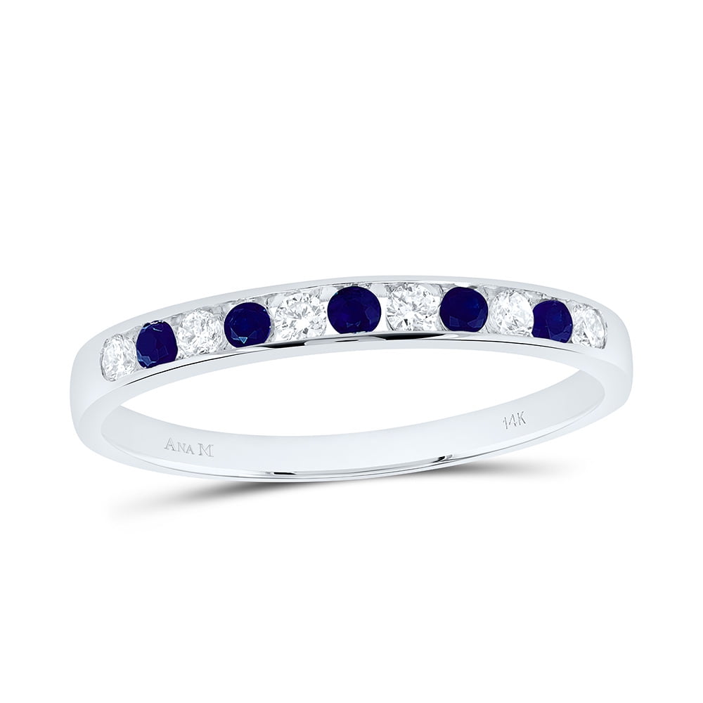 14kt White Gold 1/8 Ctw Natural Diamond, 1/8 Ctw Blue Gem Alternate stone Channel set Women's Half Eternity Band, Anniversary Ring