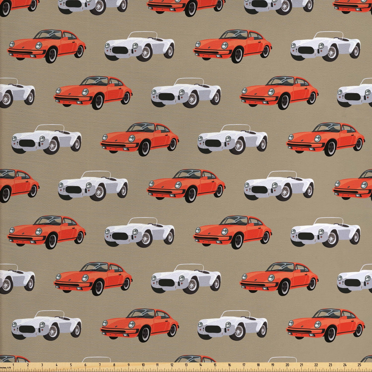 Cars Fabric by The Yard, Retro Fast Sports Cars in White and Orange