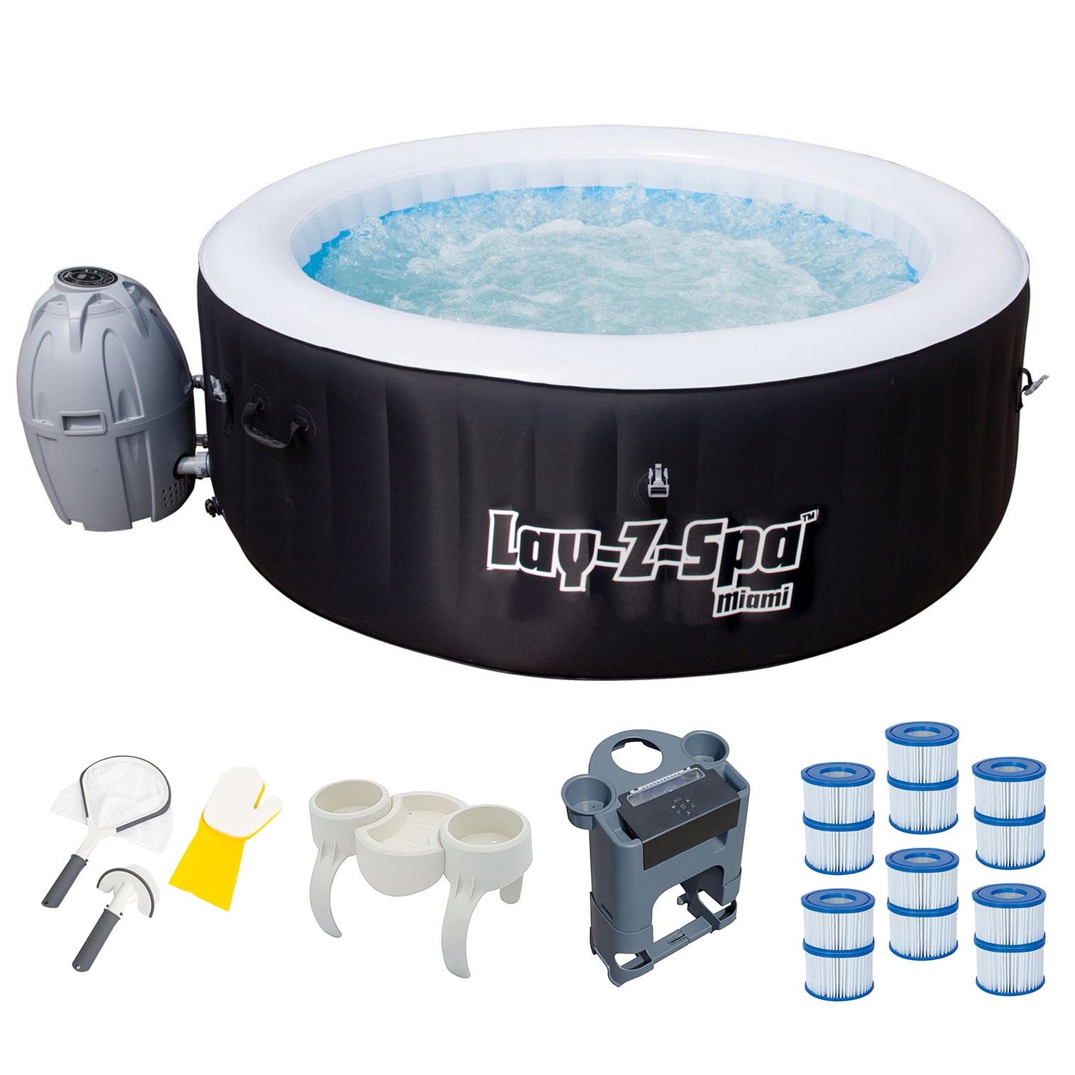 Bestway Inflatable Hot Tub + Entertainment Center + 6 Filters + Cleaning Set by