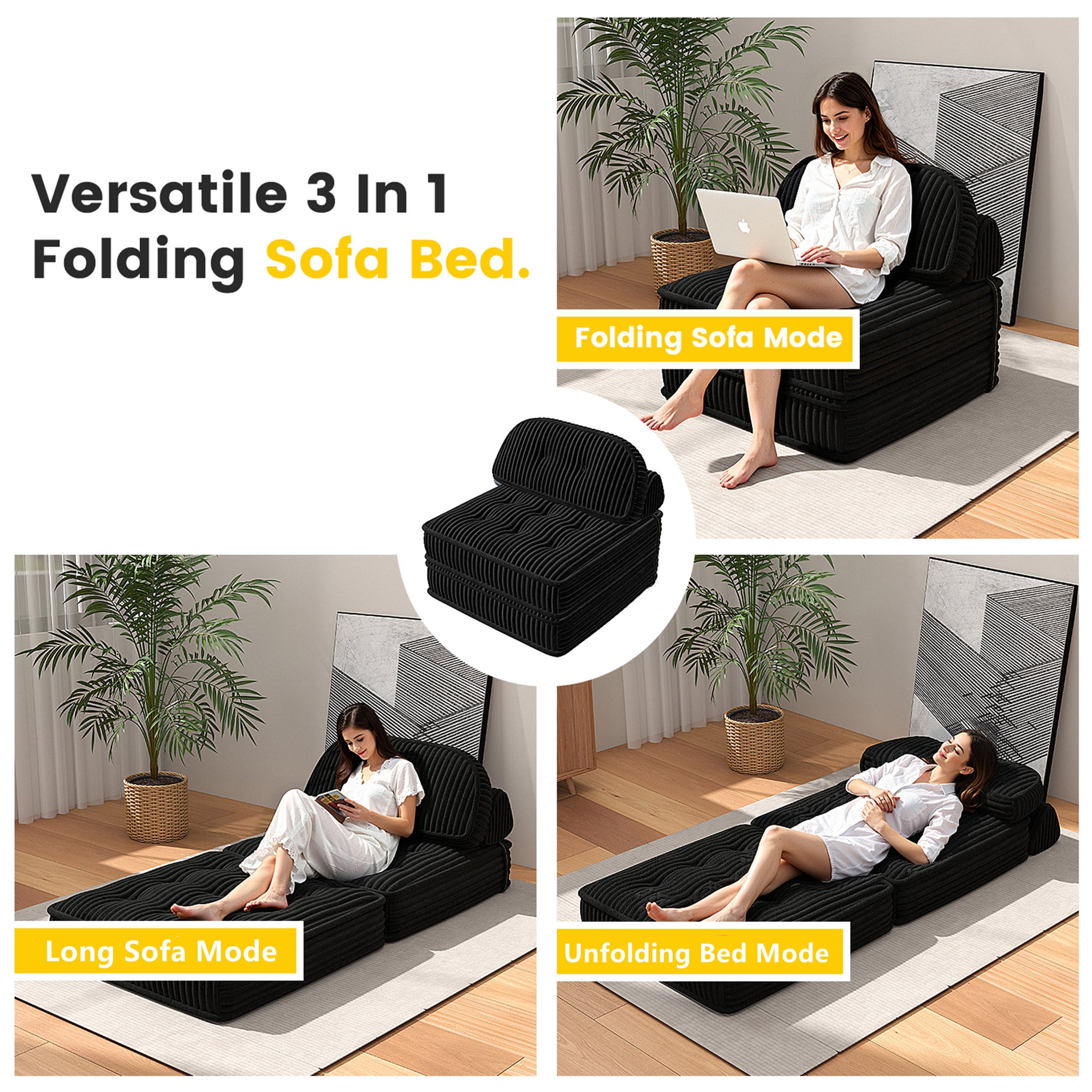 Aukfa Tufted Futon Convertible Folding Sofa Bed with Back Support, Twin Size, Corduroy, Black