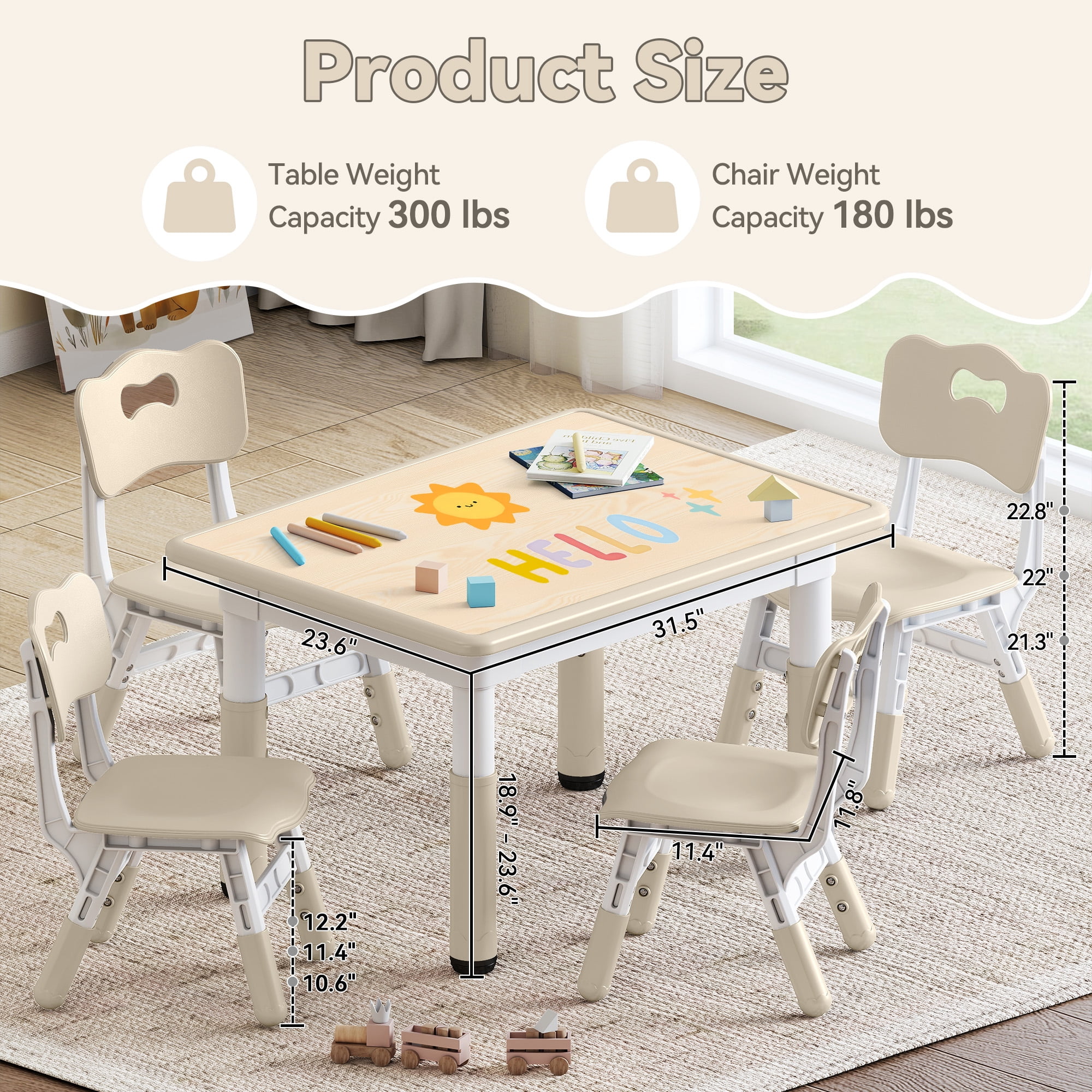 DOREROOM Height-Adjustable Kids Table and 4 Chairs Set, Graffiti Desktop, 31.5''L x 23.6''W Children Activity Table for Daycare, Classroom, Home
