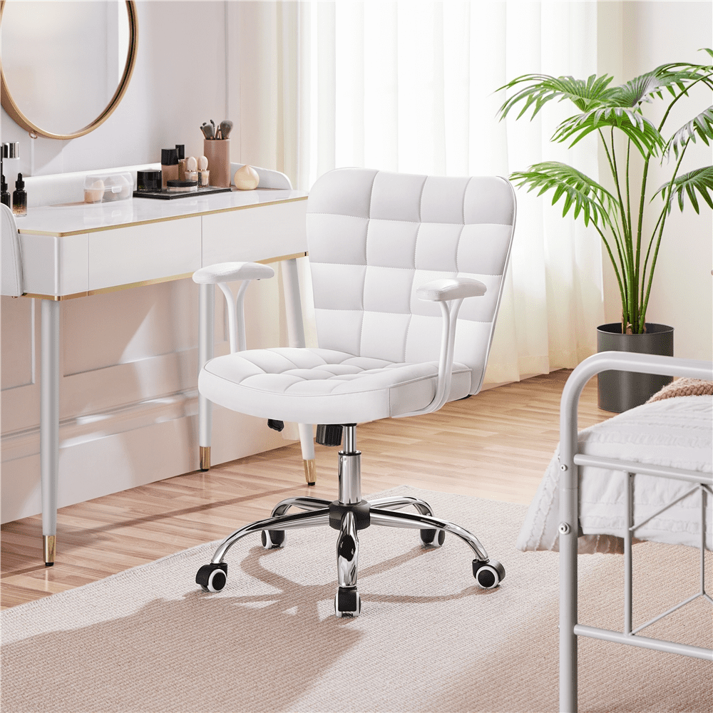 Alden Design Modern Mid-Back Faux Leather Office Chair Upholstered for Home Office, White