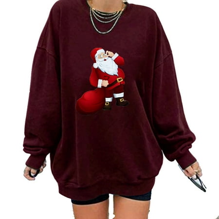 

jsaierl Women s Christmas Sweatshirts Long Sleeve Santa Graphic Top Funny Crewneck Sweatshirt Loose Fit Pullover Womens Fall Fashion 2022