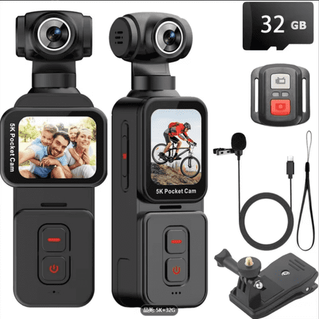 Pocket Camera 5K with Face Detection Automatic Rotating Lens Vlogging Camera Body Cam with Rotatable Touch Screen External Mic Remote Control 32GB Card