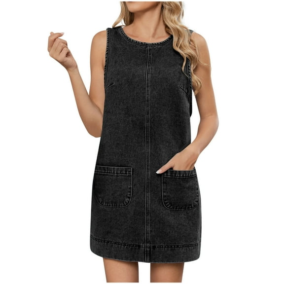 Women's Sleeveless Strap Denim Dress Casual Loose Fit Crew Neck Jean Dress with Pockets