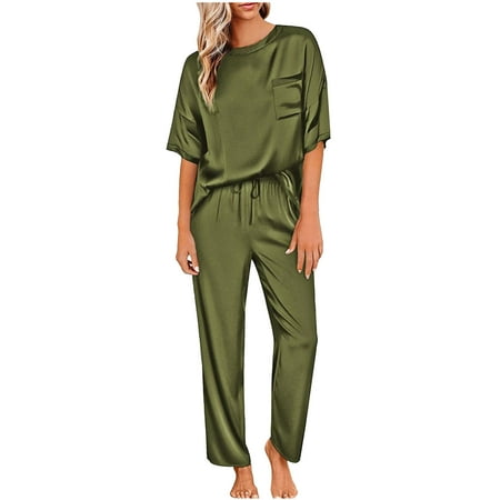 

tklpehg Women Summer Outfits Clearance Round Neck Short Sleeve Shirts Tops Baggy Long Pants Home Pajamas Set Casual Trendy Solid Color Matching Outfits Army Green M(6)