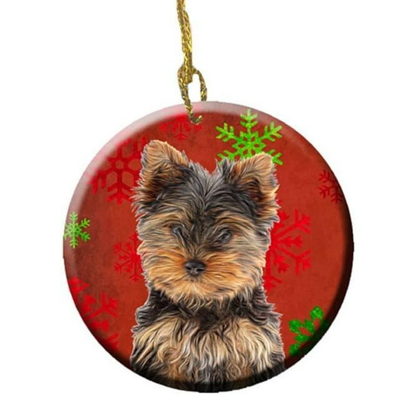Red Snowflakes Holiday Christmas Yorkie Puppy And Yorkshire Terrier Ceramic Ornament