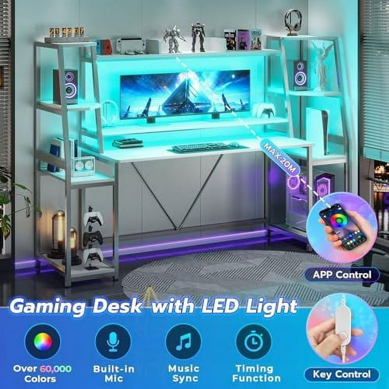 GAMMA Black Gaming Desk with LED Lighting, Shelves & Hutch — FurniComp