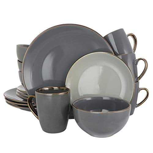 Elama EL-TAHITIANGRAND Tahitian Grand 16 Piece Luxurious Stoneware Dinnerware Stone and Slate with Complete Setting for 4, 16pc, Assorted Colors