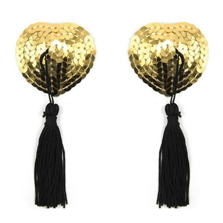 1 Pair Reusable Sexy Breast Bra Tassel Self Adhesive Womens Silicone Pasties Heart Shape Bra Nipple Covers Women Lingerie GOLD&BLACK
