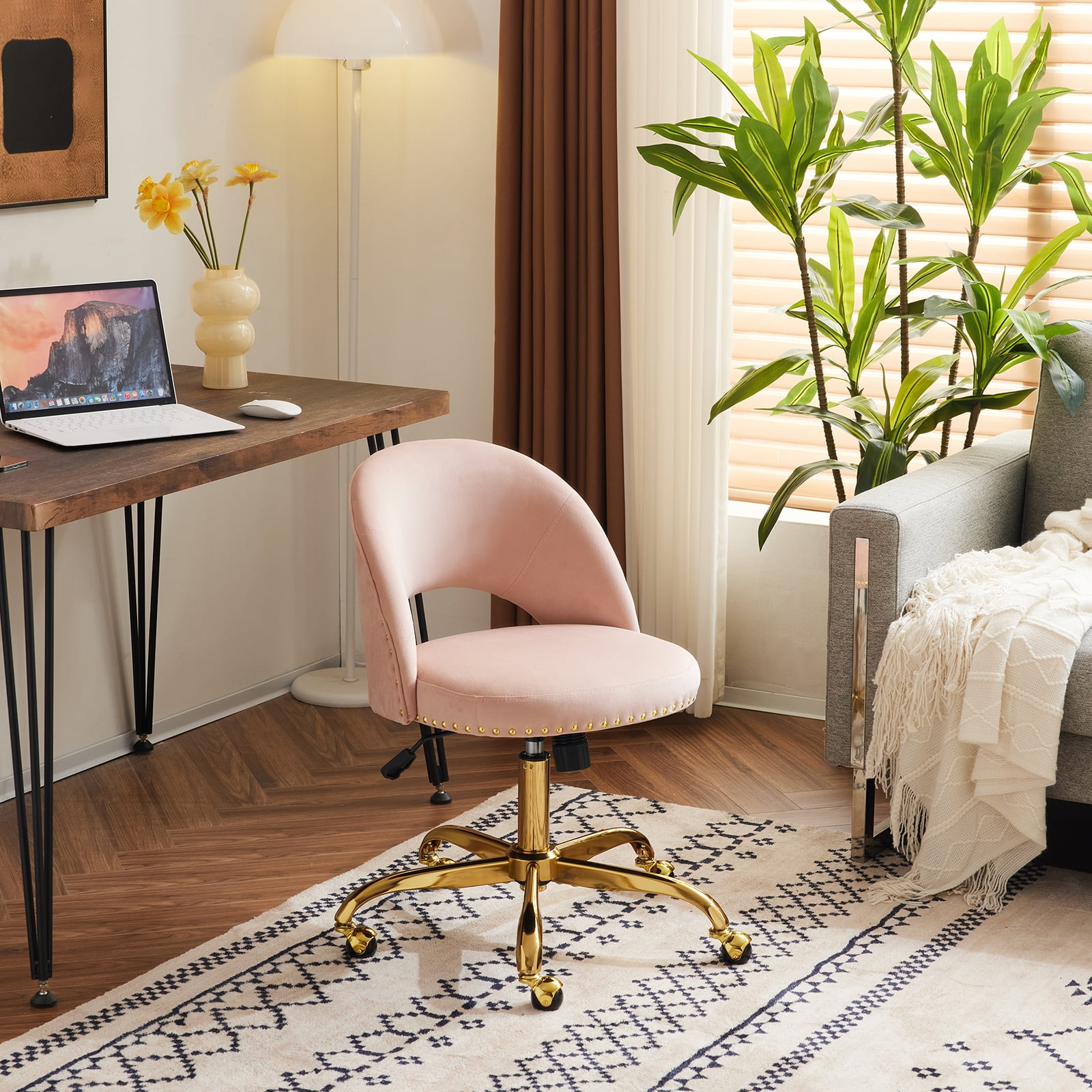 Ktaxon Office Desk Chair Adjustable Flannel Computer Task Chair Small Rolling Vanity Stool with Wheels for Study Make-up Dressing Room Pink