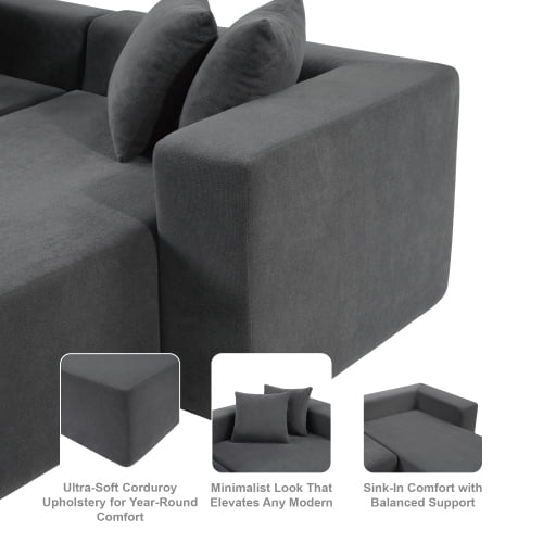 Howcool 101-inch L-shaped modular sofa with deep seat design, no assembly required, high-density foam filling with high-carbon steel wrapped springs,-loung bed, ,Dark gray