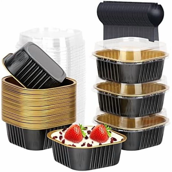 5oz Cupcake Mini Cake Pans with Lids 40 Pack, Aluminum Foil Cupcake Cups Brownie Baking Pans,Square Disposable Ramekins Baking Cups,Small Muffin Tin Holders-Black In Gold