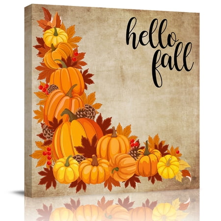 Wall Art Prints Hello Fall Framed Canvas Prints for Bedroom Living Room Bathroom Office Orange Pumpkins Thanksgiving Brown Vintage Gallery Wrap Wall Art Poster for Gifts Home Decor 20 x20
