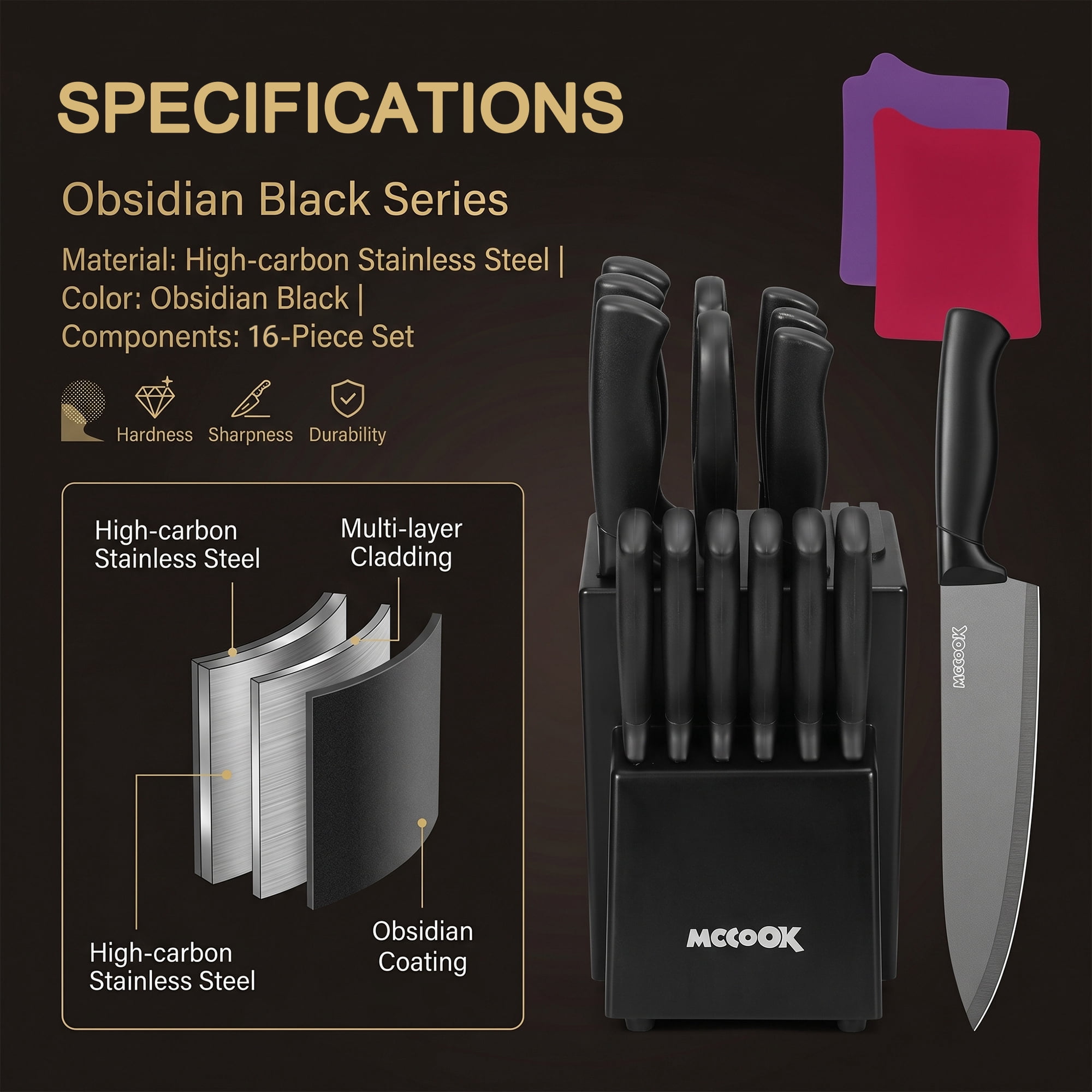 MoCook Kitchen Knife Set, 16 Pcs Knives Block Set with Built-in Sharpener, Healthy Anti-Rust Coating & German Stainless Steel Knife Set, Dishwasher Safe Black