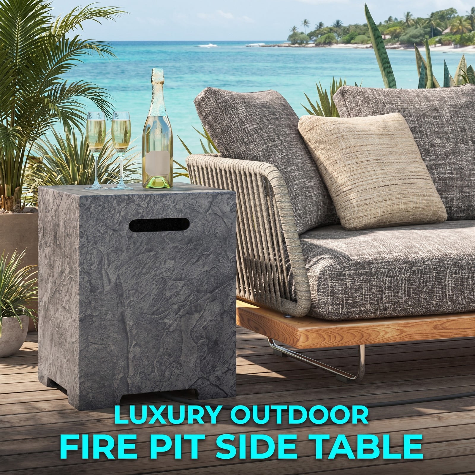 Biotree Propane Tank Cover Table, Outdoor Gas Tank Storage Hideaway Holder with Cut-Out Handles and Rain Cover, Weather-Resistant Side Table for 20 lb Tanks, Gray