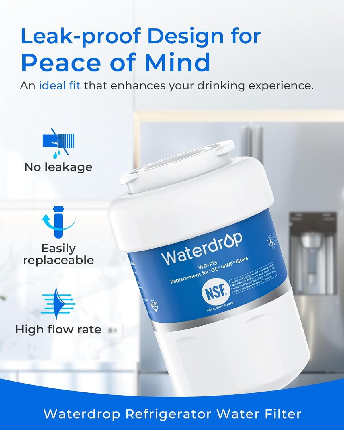 Waterdrop MWF Refrigerator Water Filter, NSF 42 Certified, Compatible with GE SmartWater MWF, MWFINT, MWFP, MWFA, GWF, HDX FMG-1, GSE25GSHECSS, WFC1201, RWF1060, Kenmore 9991 (Pack of 6)