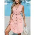 thumbnail image 5 of Cupshe Women's Casual V Neck Button Down Short Length Dresses Drawstring Mini Dress with Patch Pockets, Pink, 5 of 6