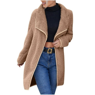 Odeerbi Jackets For Women Trendy Loose 2025 Casual Large Lapel Irregular Mid-length Double-sided Plush Coat Furry Windbreaker Coat Khaki