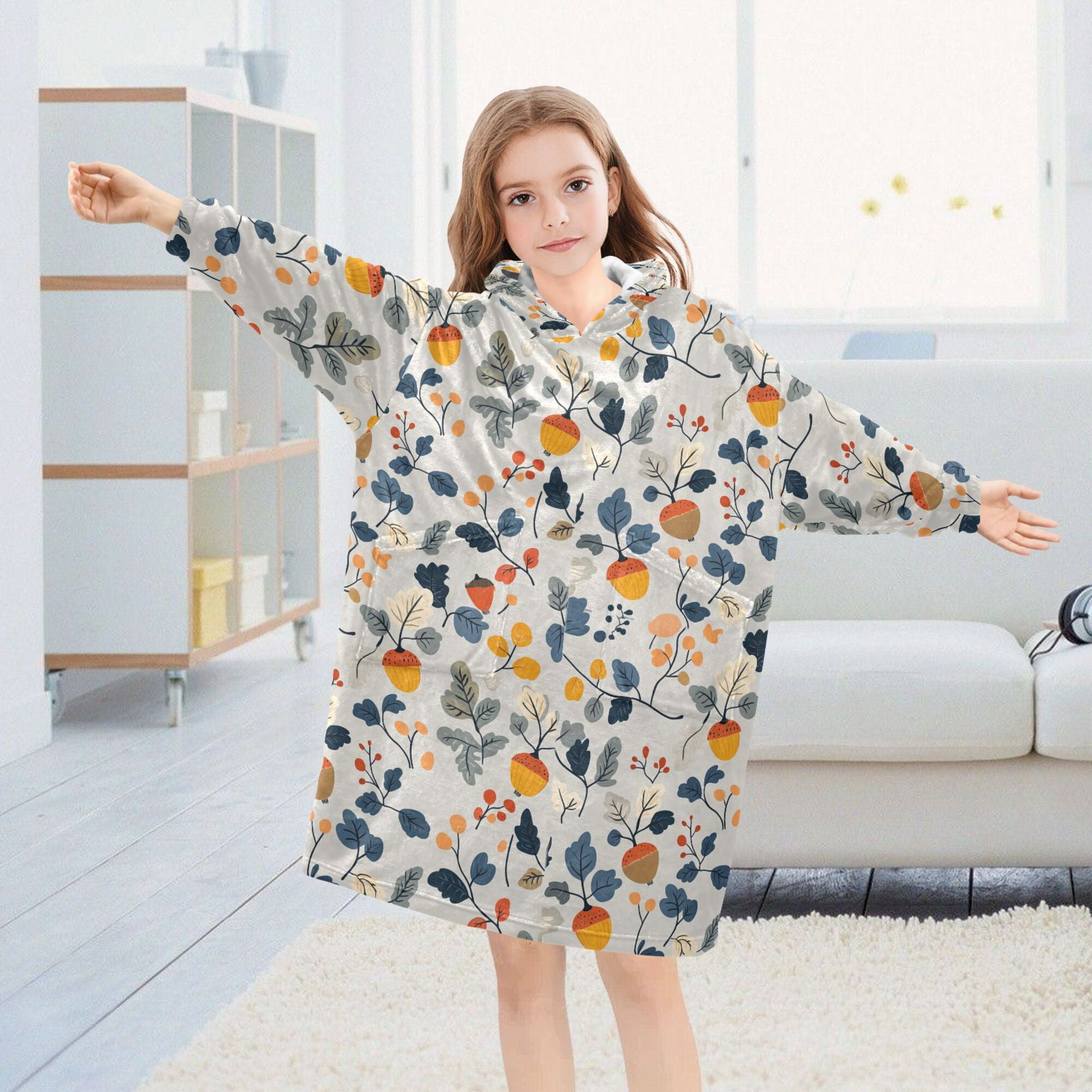 FORMRS Wearable Blanket Hoodie with Sleeves for Kids Cozy Flannel Sweatshirt, Acorn Leaves Pattern