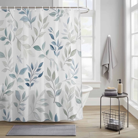 Bathroom Shower Curtain Country Botanical Green Blue Waterproof Shower Curtains with Hooks, Ombre Watercolor Leaves Bath Curtains Bathtub Curtain Home Decor 36x72in