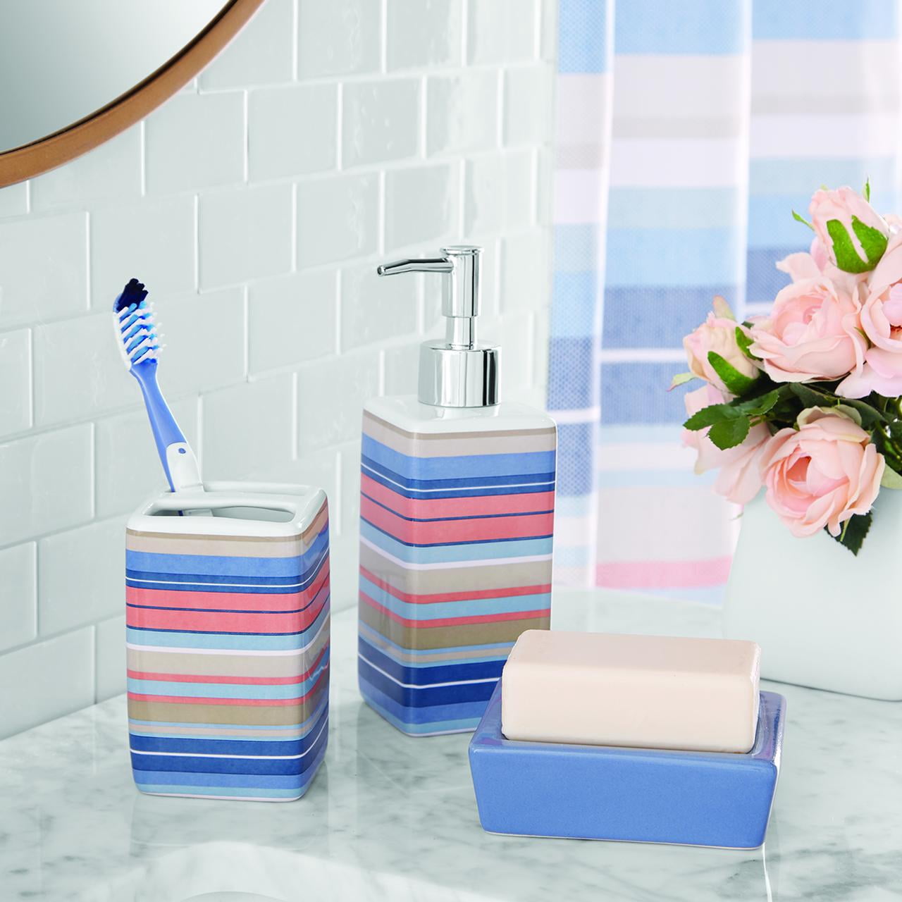 Mainstays 17-Piece Stripe Polyester/Ceramic Shower Curtain & Bathroom Accessory Set, Multi-Color