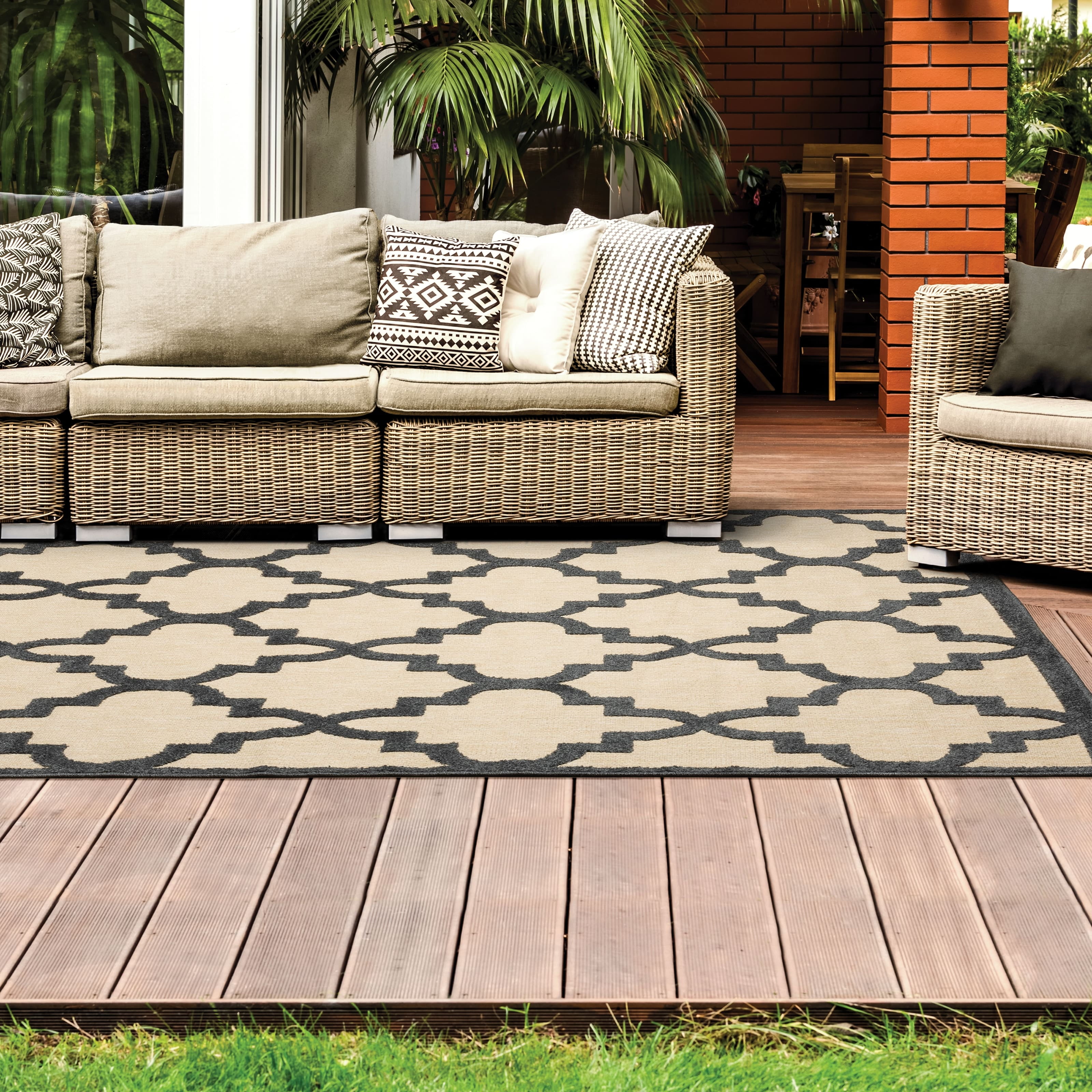 Style Haven  Cara Mixed Pile Quatrafoil Lattice Indoor/ Outdoor Area Rug Blue/Sand 9'10" x 12'10" Polypropylene Trellis, Geometric 10' x 14' Accent,