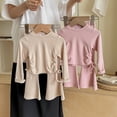 thumbnail image 3 of Pandaie Girls Drawstring Crop Blous Top Flare Pants 2 Piece Set Solid Color Stretch Long Sleeve Casual Fashion Tracksuit Pink,9-10 Years, 3 of 6
