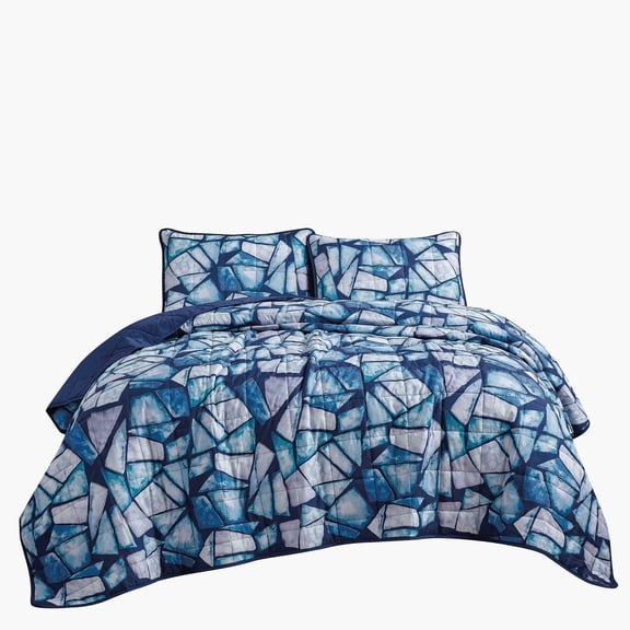3-Piece Reversible Queen Bedspread Set, Blue Geometric Mosaic Bedding Coverlet