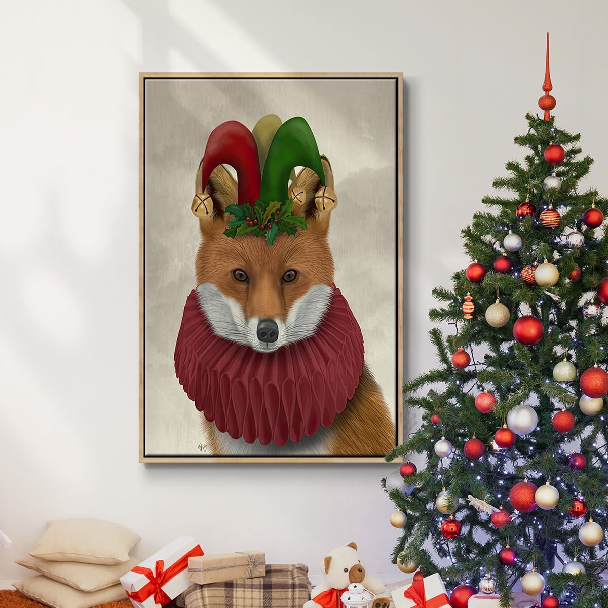Christmas Foxy Christmas Fool - Framed Gallery Wrapped Holiday Canvas - 27 x 41 - Natural Wood Frame