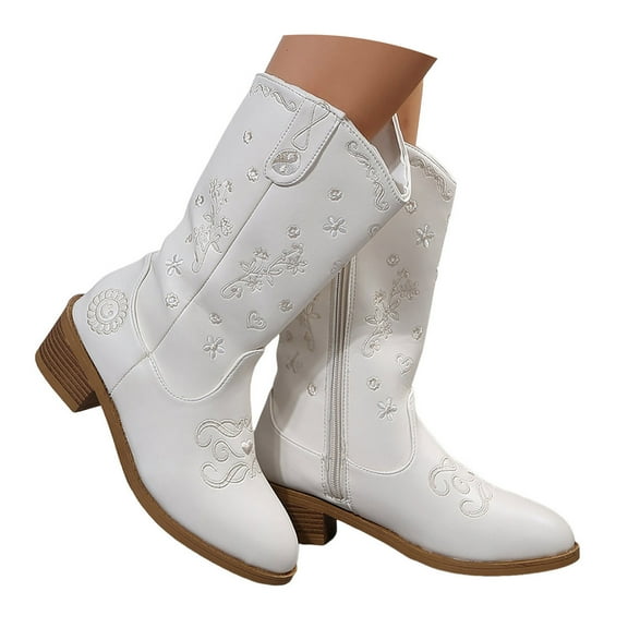 Chenyee Casual Mid Calf Cowboy Boots for Women Wide Poited Toe Fashion Embroidery Heel Riding Booties