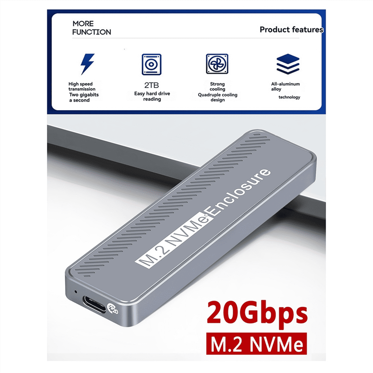 20Gbps M.2 NVME SSD Enclosure USB 3.2 GEN 2X2 Type C, External Case for 2230/2242/2260/2280 M/B +M Key