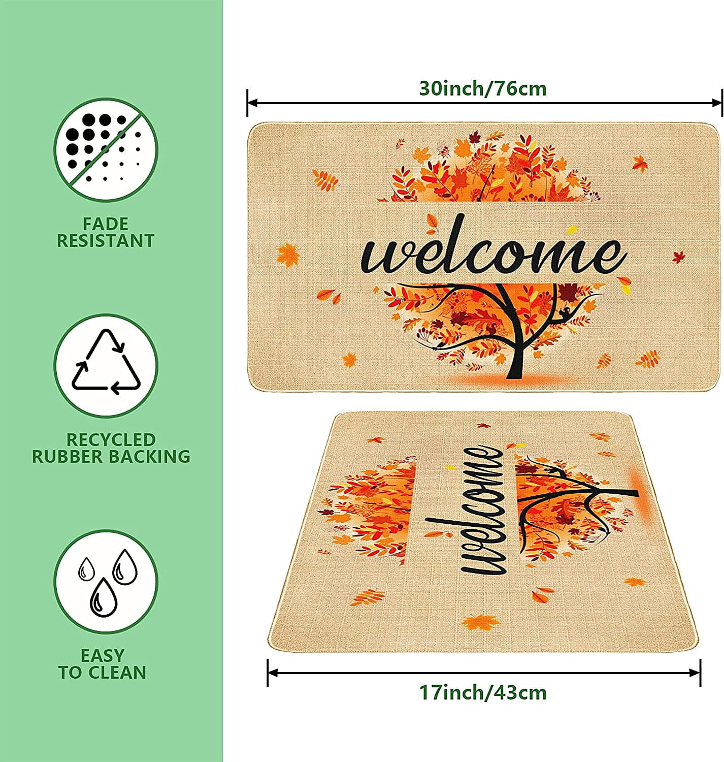 Fall Welcome Front Doormat, Orange Floral Tree Decor Floor Mat Autumn Rubber Non-Slip Reusable Entrance Door Mat Gift Indoor Decoration Supplies Home Decorations Outdoor Mats 17x30"